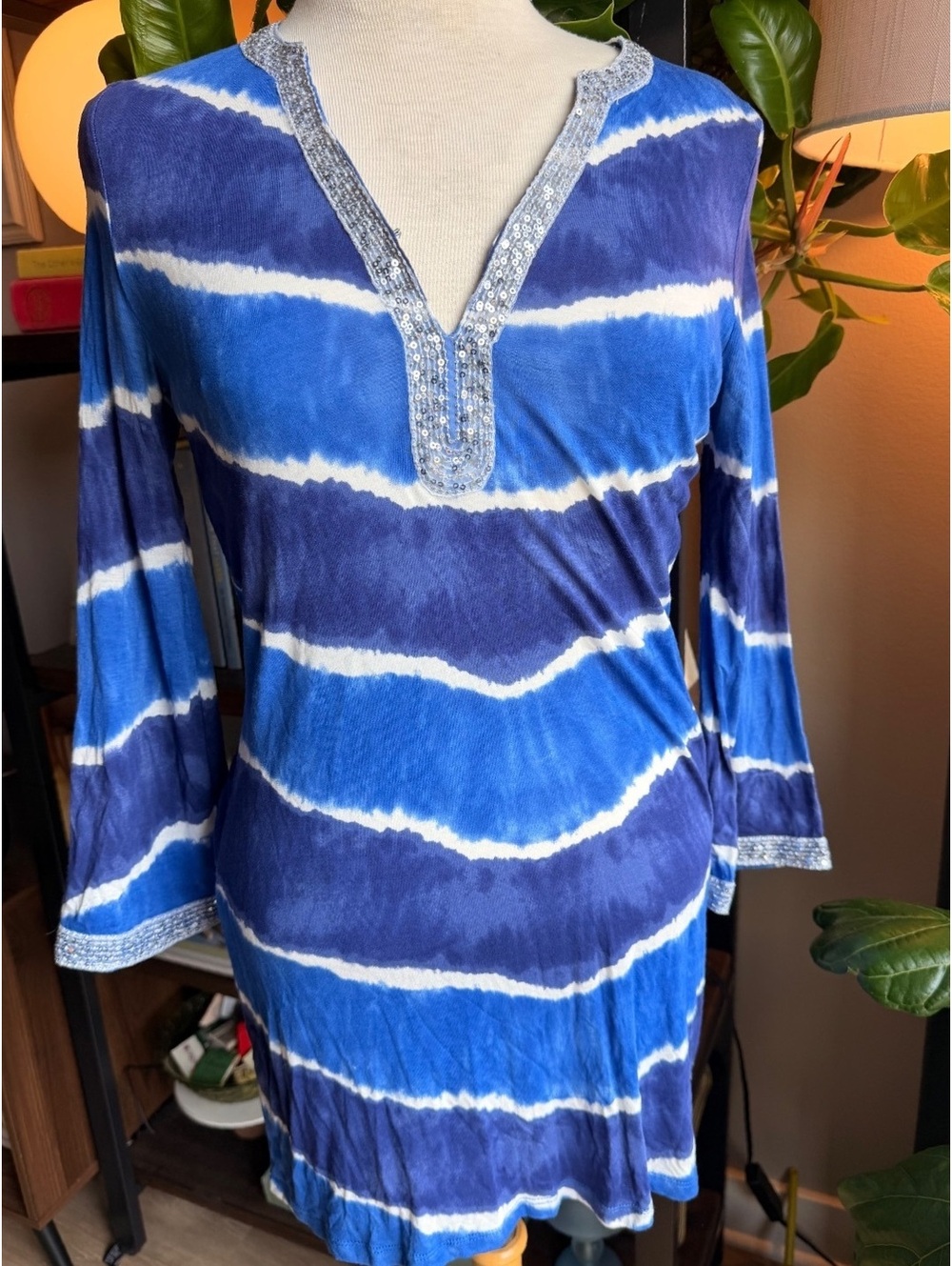 INC International Concepts Blue Tie-Dye Tunic Dress with Sequin Trim, Size Small